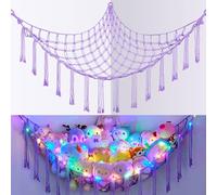 EllaSeek Toy Hammock for Stuffed Animals Large Soft Toy Storage Organizer with LED Lights, Corner Hanging Net Soft Cuddly Holder for Kids Girls Preppy Room Bedroom Nursery Playroom Decor