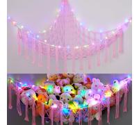 EllaSeek Toy Hammock for Stuffed Animals Large Soft Toy Storage Organizer with LED Lights, Corner Hanging Net Soft Cuddly Holder for Kids Girls Preppy Room Bedroom Nursery Playroom Decor