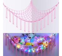 EllaSeek Toy Hammock for Stuffed Animals Large Soft Toy Storage Organizer with LED Lights, Corner Hanging Net Soft Cuddly Holder for Kids Girls Preppy Room Bedroom Nursery Playroom Decor