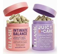 ELLASiE Vaginal Probiotic Capsules + Vaginal Moisture Support Capsules - Intimate Flora Routine, Biotin + Vitamin B6, Probiotic + Prebiotic, 120 Vegan Capsules (2 x 60)