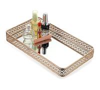 ELLDOO Gold Perfume Tray Mirror Tray Makeup Vanity Tray Hollow-Carved Jewelry Tray Glass Metal Trinket Storage Tray Home Organizer Decorative Tray for for Dresser Bathroom Countertop, Large Size