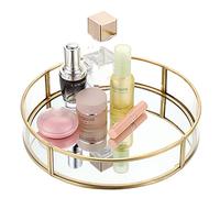 ELLDOO Gold Round Glass Tray, Mirror Jewelry Tray Perfume Tray Mirror Vanity Tray Dresser Tray Ornate Tray Metal Decorative Tray Perfume Organizer Makeup Tray for Vanity Dresser