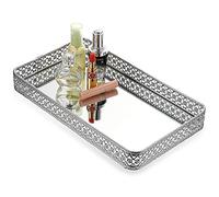 ELLDOO Perfume & Makeup Mirror Tray - Silver Metal Organizer for Dresser & Bathroom Countertop, Hollow-Carved Design Jewelry Storage Large Size 13.8" x 7.9"