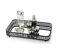 ELLDOO Perfume Tray Mirror Tray Black Vanity Makeup Hollow-Carved Jewelry Tray Glass Metal Trinket Storage Tray Home Decor Organizer Tray for for Dresser Bathroom Countertop,Large Size 13.8 x 7.9inch