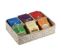 ELLDOO Tea Bag Organizer Tray, Sugar Packet Holder Coffee Pod Storage Coffee Station Condiment Organizer Seagrass Divided Basket for Pantry Coffee Bar Drawer Shelf Countertop, Whitewash