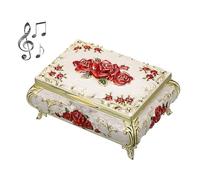 ELLDOO Vintage Music Box, Beige Metal Musical Jewelry Box Keepsake Box, Small Trinket Jewelry Storage Box Gift for Girl Women (Tune: You are My Sunshine), Red Rose Pattern
