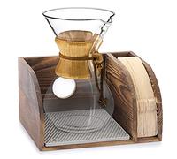 ELLDOO Vintage Wood Coffee Organizer Stand, Compatible with Chemex Coffee Makers, Holds Coffee Maker and Coffee Paper Filters, Fits Collar and Handle Carafes, with Grey Silicone Dripper Mat