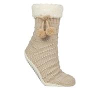 Elle 1 Pair Ladies Chenille Slipper Socks with Moccasin Sole - Soft Cosy Comfort - 4-8 UK - Stone