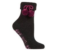 Elle 1 Pair Ladies Wool Mix Slipper Socks with Pom Pom - Warm Soft Cosy Comfort - 4-8 UK - Black