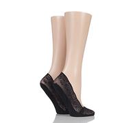 ELLE Ladies 2 Pair Lace Shoe Liner Socks with Grip Black 4-8