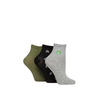 ELLE Ladies Bamboo Anklet Socks -3 Pack, Frill Cuff, Embroidered Motifs, Ribbed & Textured Weaves, Soft Breathable Cooling Material, Size 4-8 (UK, Numeric, 4, 8, Regular, Regular, Frog)