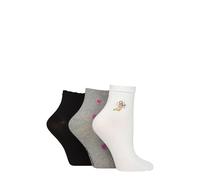 ELLE Ladies Bamboo Anklet Socks - With Frill Welt Cuff, Embroidered Motifs, Textured Weaves,Ribbed in Soft Breathable Cooling Material Multipack of 3 Pairs Size 4-8 Cherub
