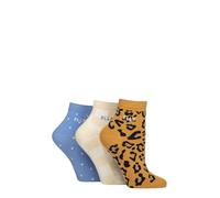 ELLE Ladies Cotton Anklet Socks - Soft, Short, Plain, Striped & Patterned with Hand Linked Toes Multipack of 3 Size 4-8 (UK, Numeric, 4, 8, Regular, Regular, Leopard Noir Patterned)