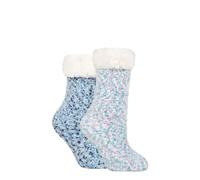 Elle Ladies Popcorn Feather Socks - Anti Slip Grip Socks with Sherpa Lining, Warm, Chunky for Winter Gift Idea in a 2 Pair Multipack Size 4-8 Navy Bubblegum