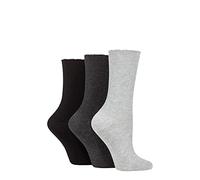 ELLE Ladies Ribbed Bamboo Socks with Scallop Top Pack of 3 Black/Charc/Silver Grey 4-8
