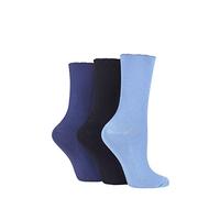 ELLE Ladies Ribbed Bamboo Socks with Scallop Top Pack of 3 (Denim, 4-8)