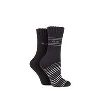ELLE Ladies Striped Wool Mix Brushed Inside Boot Socks in a Multipack of 2 for Walking, Hiking, Trekking & Outdoor Use (Black, 4-8)