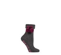 Elle Ladies Wool Mix Slipper Socks with Pompoms Pack of 1 Charcoal/Purple 4-8