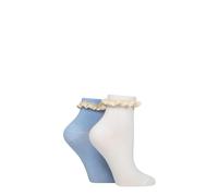 ELLE Women’s Bamboo Ankle Socks with Frill Welt - 2 Pair Pack, Soft Breathable Lightweight Everyday Comfort, Smooth Toe Seams, Ladies Fashion Trainer Socks, UK 4-8 Parisian Skies/Lace Frill