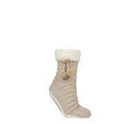 ELLE Women’s Chenille Slipper Socks - 1 Pair Soft Warm Indoor Style with Moccasin Sole, Cosy Non-Slip House Footwear for Lounging and Relaxing, Size 4-8 Stone