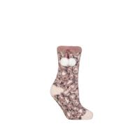 Elle Women’s Sherpa Lined Socks - Anit-Slip Grips, Slipper Socks, Animal Print Pattern, Leopard Print, Pom Pom, Fluffy, Warm, Cosy, 1 Pair, Size 4-8 Pink