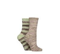 Elle Women’s Soft Stripe Boot Socks - 2 Pack Feather-Feel Crew Length, Fluffy Knitted Style for Lounging or Outdoor Boots, Warm and Cosy Everyday Wear, Size 4-8 Forager
