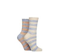 ELLE Women’s Soft Stripe Boot Socks - 2 Pack Feather-Feel Crew Length, Fluffy Knitted Style for Lounging or Outdoor Boots, Warm and Cosy Everyday Wear, Size 4-8 Coral Blaze