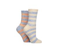 ELLE Women’s Soft Stripe Boot Socks - 2 Pack Feather-Feel Crew Length, Fluffy Knitted Style for Lounging or Outdoor Boots, Warm and Cosy Everyday Wear, Size 4-8 Coral Blaze