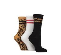 ELLE Women's Bamboo Sports Socks - Plain and Striped, Crew Socks, Half Cushion 3 Pair Multipack Sizes 4-8 (UK, Numeric, 4, 8, Regular, Regular, Leopard Noir)