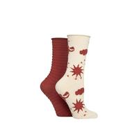 Elle Women's Feather Striped Socks - Soft, Breathable Bamboo, Calf Length, Crew, Fluffy Texture, Patterned, Spotty, Striped, Multipack of 2 Size 4-8 (UK, Numeric, 4, 8, Regular, Regular, Wild Poppy)