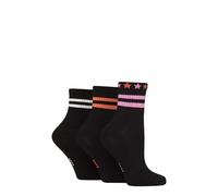 ELLE Women's Half Cushion Socks - Soft Breathable Bamboo Material for Sports, Anklet, Plain with Stripes, 4-8, Pack of 3 Black Stripe