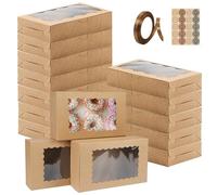 ELLECILA 24 Pack Kraft Bakery Cookie Boxes with Window, 9” X 6” X 2.5” Brown Food Boxes with 30 Stickers, 1 Rolls of Ribbon for Pastry Cookies Candy & Gifts