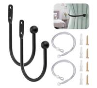 ELLECILA 2PCS Metal Curtain Holdbacks with Tiebacks, Black Curtain Tie Backs Hooks & Silver-Grey Straps, U-Shaped Wall-Mounted Drapery Holdbacks for Curtains & Hanging Items (Includes Screws)