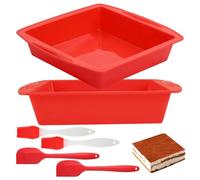 ELLECILA 2Pcs Silicone Baking Trays, 26x24x5cm Red Square Cake Tin Includes 2 Silicone Basting Brushes & 2 Scrapers, Non-Stick Brownie Pan