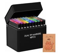 ELLECILA 48 Dual-Tip Alcohol Markers Set for Adults, Artist & Manga, Colouring Pens with Portable Storage Base, Vibrant Brush & Fine Tip Markers for Drawing, Sketching, Anime (48 Colors)