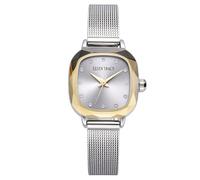 Ellen Tracy Women's 22.5mm Cushion Two Tone Silver/Gold Watch, Silver Dial, Crystal Accents, Mesh Band