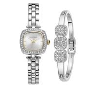 ELLEN TRACY Women's 22mm Cushion Silvertone Watch and Bangle Gift Set, Silver Dial, Crystal Accents