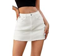 ELLEVEN Denim Skirt with Shorts Mini Skort - Casual Jean Skirts with Raw Hem & Pockets, White Denim, M