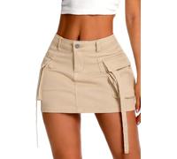 ELLEVEN High Stretch Denim Cargo Skirt for Women, Low Waist Y2k Mini Jean Skirt Cute Skirt with Pockets, Khaki, S