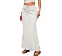 ELLEVEN Linen Flared Maxi Skirt with Back Slit - Elastic Waist Drawstring Long Flowy Ankle-Length Skirt, White, L