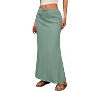 ELLEVEN Linen Flared Maxi Skirt with Back Slit - Elastic Waist Drawstring Long Flowy Ankle-Length Skirt, Green, M