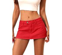 ELLEVEN Low Rise Denim Mini Skirt for Women, High Stretch Jean Skirt with Shorts Underneath Y2k Micro Skort, Red, S