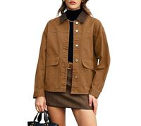 ELLEVEN Oversized Barn Denim Jackets for Women, Boyfriend Contrast Collar Button Down Jean Jacket Coats with Pockets, Brown, S