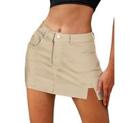 ELLEVEN Women’s Side Slit Denim Skort, High-Stretch,High Waisted,Y2K Mini Jean Skirt Shorts with 5 Pockets, Khaki, S
