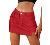 ELLEVEN Women’s Side Slit Denim Skort, High-Stretch,High Waisted,Y2K Mini Jean Skirt Shorts with 5 Pockets, Red, M