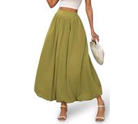 ELLEVEN Women's Bubble Maxi Fall Winter Skirt, Elastic Waist Puffy Hem A-Line Skirt with Pockets, Green, M