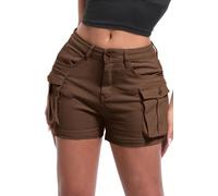 ELLEVEN Women's High-Stretch Cargo Shorts, Y2K Mini, High Waisted, Slim-Fitted Jean Shorts with Pockets, Brown, S