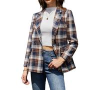 ELLEVEN Women's Houndstooth Plaid Tweed Blazer, Casual Trendy Double-Breasted Suit Jacket with Pockets Fully Lined, Navy Blue Plaid, L