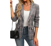 ELLEVEN Women's Lapel Collar Plaid 2 Button Boyfriend Blazer Suit Houndstooth Work Office Blazer Jacket, Grey Red Plaid, M