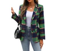 ELLEVEN Women's Lapel Collar Plaid 2 Button Boyfriend Blazer Suit Houndstooth Work Office Blazer Jacket, Blue Green Plaid, XXL